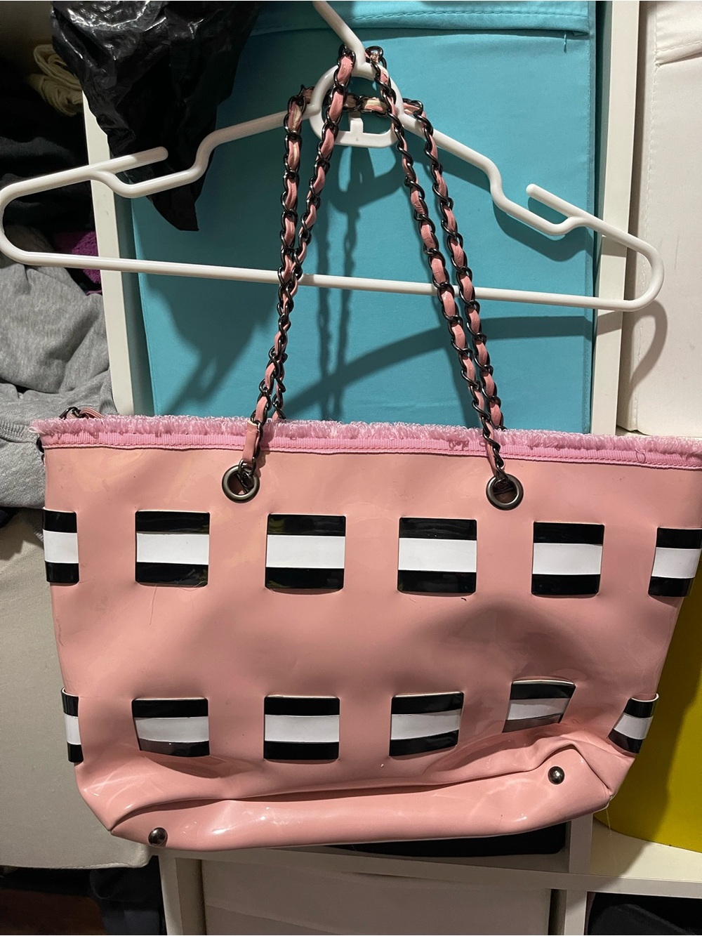 Pink Striped Chain-Handle Tote Bag